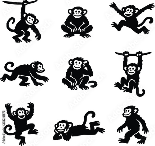 Monkey Silhouette Collection with Climbing Jumping and Sitting Poses