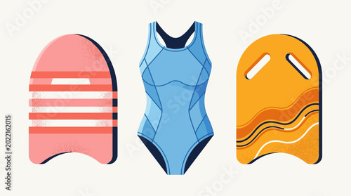 Foto Flat Vector Illustration of Professional Swimming Gear Set with Blue One-Piece S