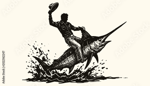 Obraz na plátne Vintage ink illustration of a cowboy riding a jumping marlin for creative nautic