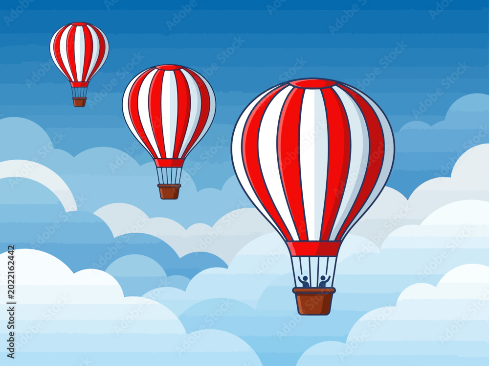 Obraz premium Red and White Striped Hot Air Balloons Flying in Blue Sky with Clouds Vector Illustration