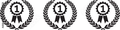 Collection of first place award ribbons with laurel wreaths representing victory and achievement for sports or competitions isolated on white