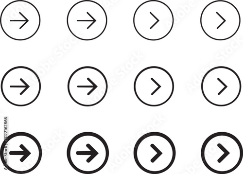 Collection of simple arrow icons in circles representing forward direction and navigation perfect for web design and user interface elements