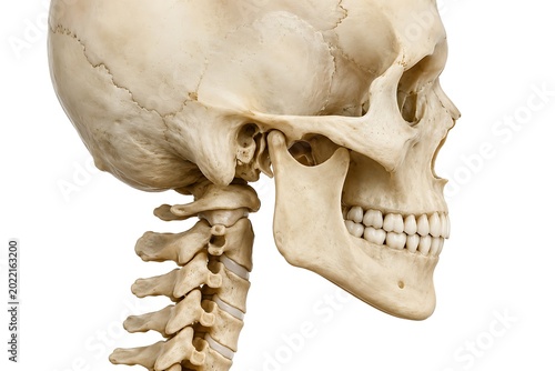Human skull anatomy profile view with cervical spine vertebrae isolated on white background, 3D illustration