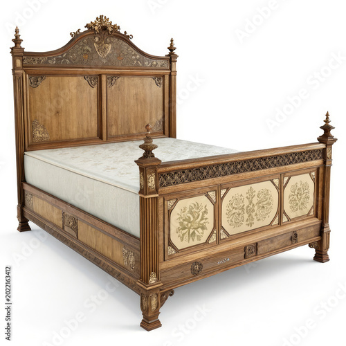 Antique Wooden Four-Poster Bed with Carved Details Isolated on White Background