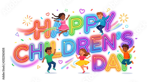 Photography Happy Children's Day Celebration: A vibrant, colorful illustration captures the joy and exuberance of children celebrating, with dynamic typography that conveys a sense of happiness and festivity