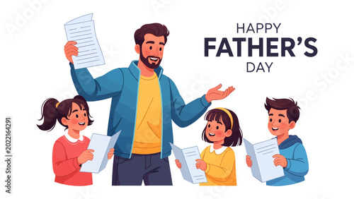 Obraz na plátně Father's Day with Family: A heartwarming illustration showcases a father figure joyfully guiding his children in a learning environment, fostering a strong bond of love and guidance