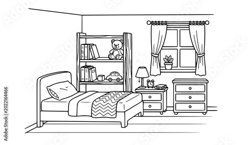 Tableau sur toile Minimal bedroom coloring page vector illustration isolated on white background