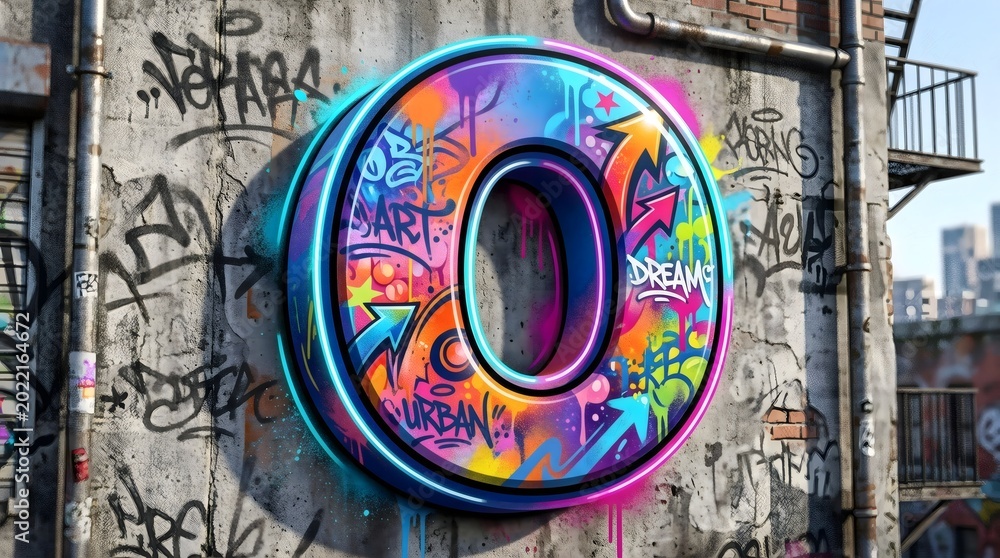 Naklejka premium Vibrant 3D graffiti letter O on urban street wall