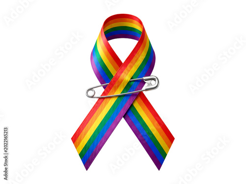 IA generated rainbow pride awareness ribbon with a silver safety pin isolated on black background. Realistic silk satin texture ribbon representing LGBTQ+ pride, diversity, and global solidarity.