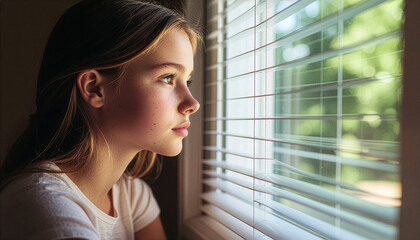 A thoughtful young woman looks out of a window through blinds, reflecting on her identity and journey during Pride Month, symbolizing hope and LGBTQIA+ visibility.