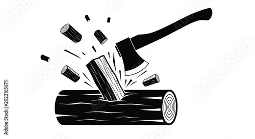 Konstfotografi Axe chopping wood illustration black and white vector graphic