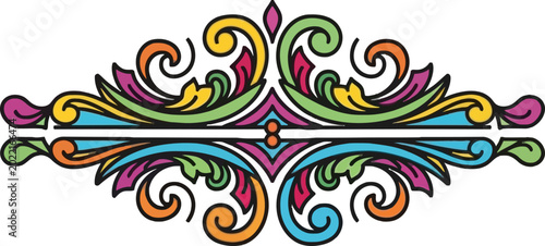 Colorful symmetrical flourish design with intricate details and vibrant hues.