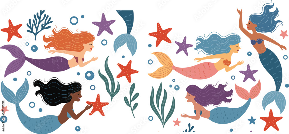 Fototapeta premium Cute Diverse Mermaid Character Vector Set Featuring Mythical Sea Creatures Swimming with Starfish Coral Seaweed and Ocean Bubbles for Fantasy Under the Sea Kids Designs