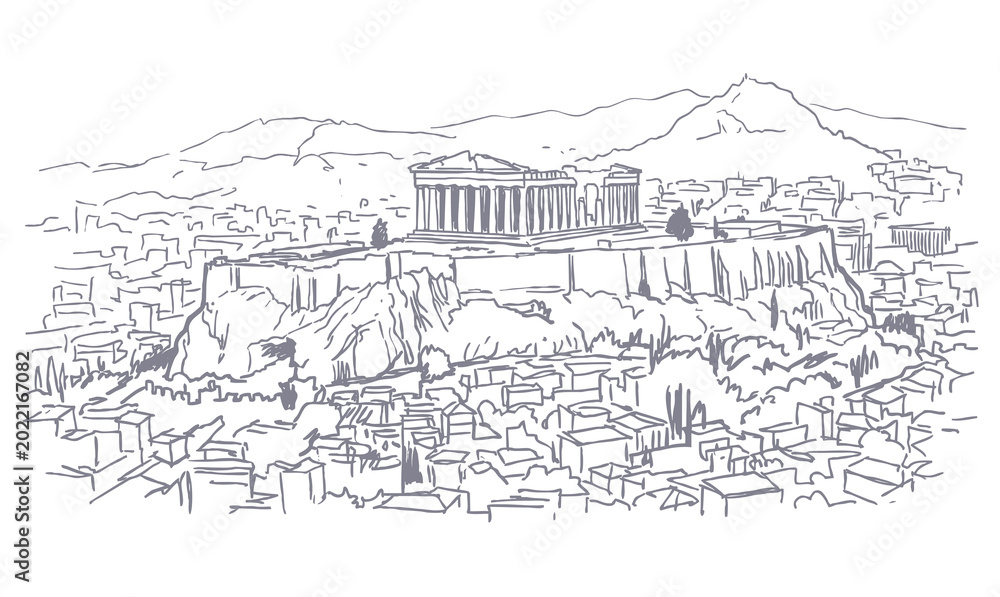 Fototapeta premium Vector line art of a vintage building.Old Building In Athens.