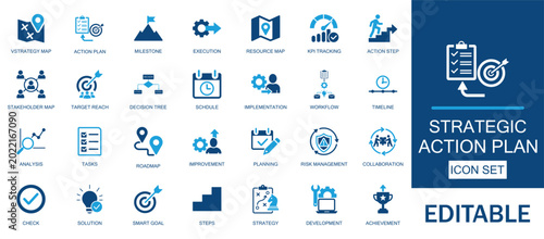 Fotografía Strategic action plan and business roadmap icon set