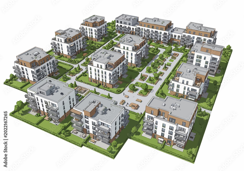 Fototapeta premium Modern Residential Apartment Complex Aerial 3D Visualization.