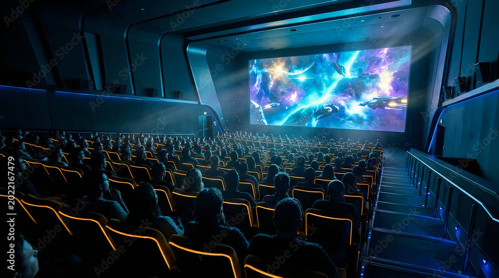 Fototapeta premium Audience watching a fantasy movie in a dark modern cinema theater with audience screening watching