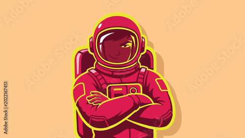 Confident Astronaut with Arms Crossed in Space Suit Illustration.