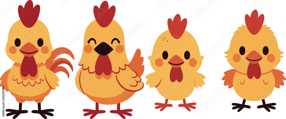 Obraz premium Cute Cartoon Chicken Family Mascot Vector Set Featuring Rooster Hen and Baby Chicks Characters with Happy Facial Expressions for Farm and Nursery Graphic Designs