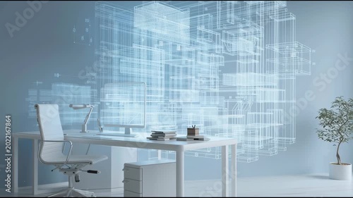 Minimal white workspace with floating engineering blueprint hologram above desk, futuristic innovation concept, ultra clean environment, realistic rendering, no text, no watermark