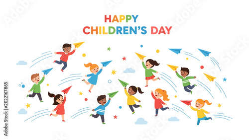 Tableau sur toile A Celebration of Childhood: Joyful youngsters release paper airplanes into the sky on Children's Day, symbolizing freedom and the boundless potential of youth