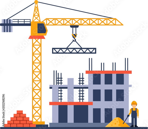 Construction site with crane lifting beam and worker with shovel.