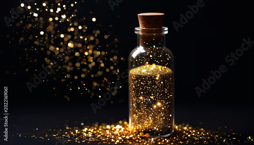 Magic bottle with glowing golden dust particles