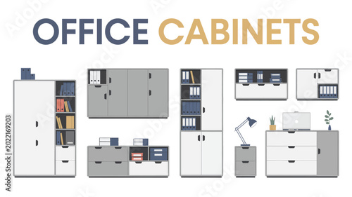 Modern office cabinets with various storage solutions