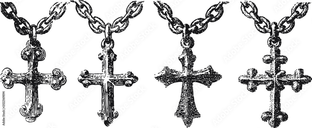 Fototapeta premium Vintage engraving of ornate crucifix cross pendants on chains detailed design jewelry accessories