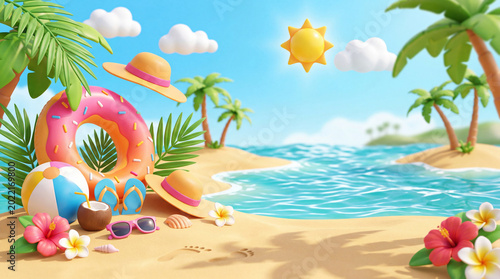 Bright Beach Scene With Summer Items and Clear Sky Overlooking the Ocean