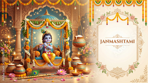 Decorative Setup With Idol of Krishna in a Festive Space During Celebration