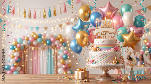 Colorful Birthday Party Scene With Cake and Balloons on a Table