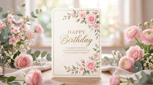 Birthday Card Placed on a Wooden Table With Flowers and Natural Light From a ...
