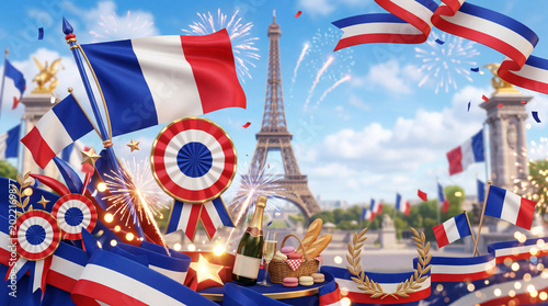 Celebration of French Culture With Flags and Symbols During a Festive Event