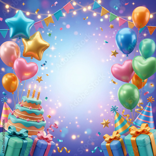 Fun Birthday Celebration Scene With Cake, Balloons, and Gifts for a Joyful Pa...