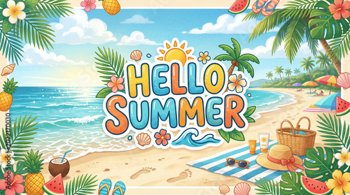Bright Summer Scene With Sun, Beach, Water, and Tropical Elements Inviting Pe...