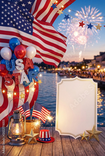 Celebrations for National Day With Flags, Fireworks, and Decorations on Woode...