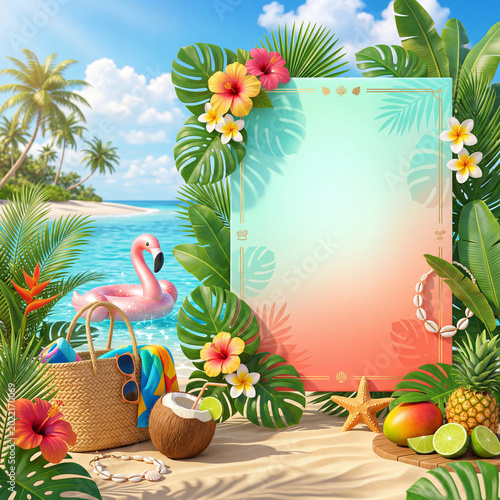 Tropical Setting With Flowers, Fruits, and a Blank Wooden Board on a Beach Du...