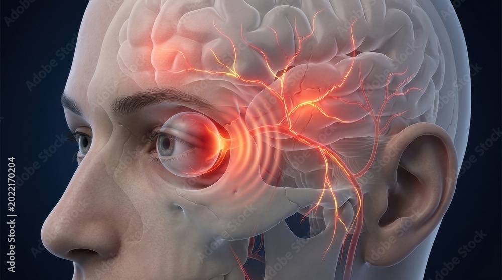 Obraz premium Close-up of a human head showing brain and eye with glowing red pain signals