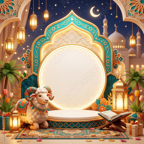 Decorated Space With Sheep Figure and Gifts for Celebration in a Warm Evening...