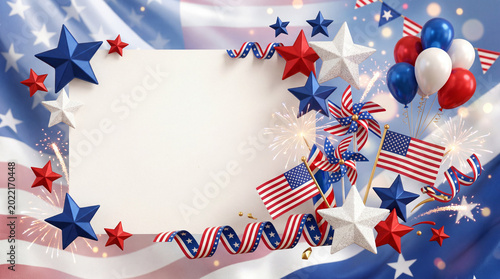 Celebration With Fireworks, Flags, and Decorations Around a Blank Space for M...