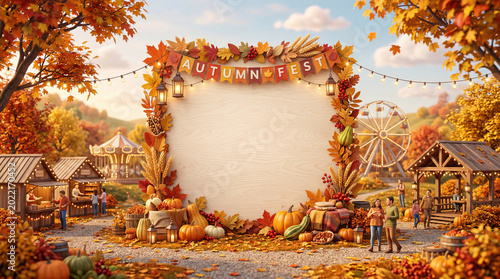 Festive Gathering at Autumn Festival With Pumpkins and Decorations in a Livel...