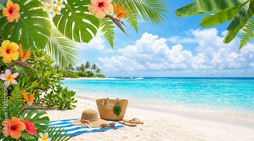 Relaxing Beach Scene With Clear Water, Palm Leaves, and a Towel on the Sand D...