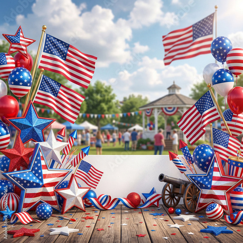 Festive Decorations for a National Holiday Celebration in a Park With Flags a...