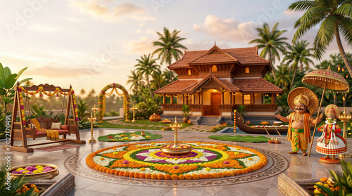 Celebration Inside a Decorated Hall for a Festival With Flowers and Tradition...