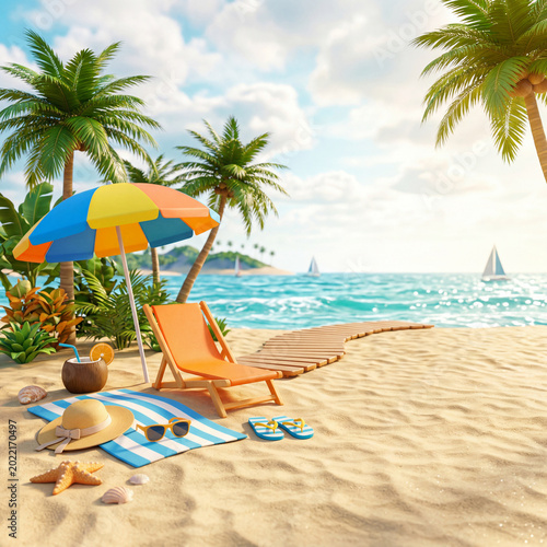 Beach Scene With Lounge Chair, Umbrella, and Ocean Waves During Daytime With ...