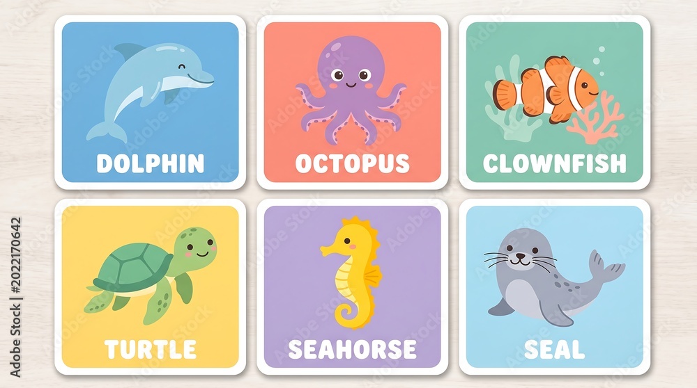 Fototapeta premium Children's educational flashcard featuring colorful sea animals, including dolphin, octopus, clownfish, turtle, seahorse, and seal, on a clean white background with a playful and learning
