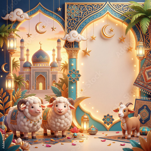 Sheep Stands in a Colorful Garden Near a Town With a Mosque and Crescent Moon...
