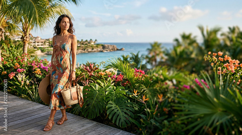 Woman Stands on Beach Surrounded by Plants and Flowers Near Ocean on Sunny Day