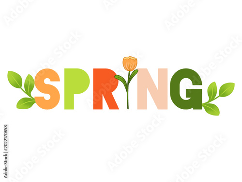 Fotografía Beatiful Typographic illustration of the word SPRING decorated with botanical elements of flowers and leaves